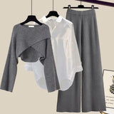 Ensemble femme 3 pièces en laine tricotée avec pull, chemise et pantalon à jambes larges