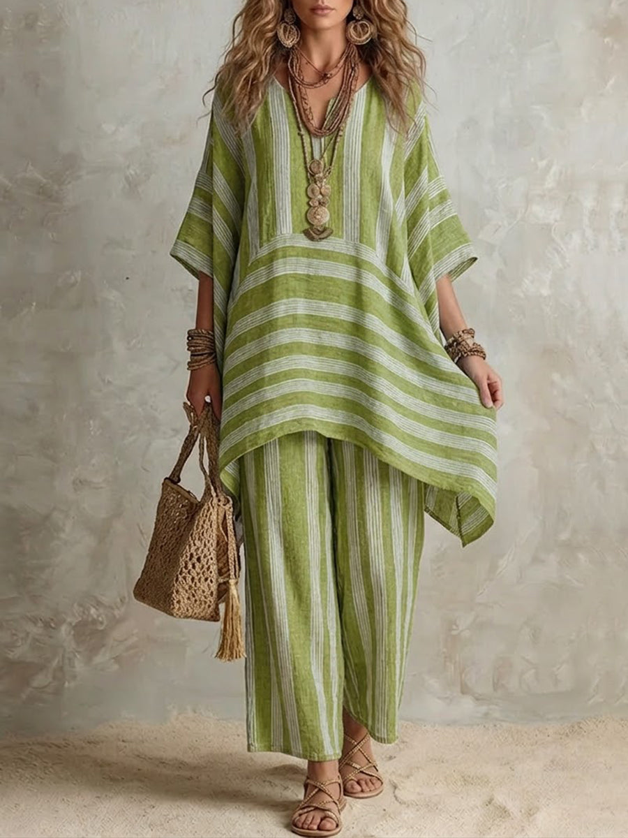 Dámská pruhovaná dvoudílná souprava z lnu v boho stylu s kalhotami