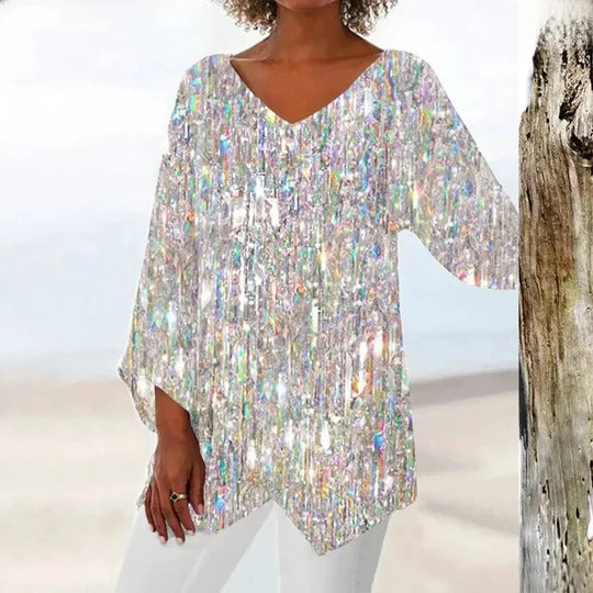 Women's V-Neck Sequin Blouse Loose Party Tunic Top