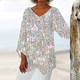 Women's V-Neck Sequin Blouse Loose Party Tunic Top