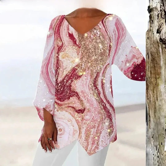 Women's V-Neck Sequin Blouse Loose Party Tunic Top
