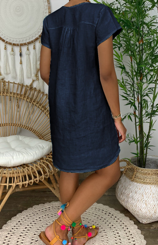 Women’s Linen-Blend V-Neck Shift Midi Dress