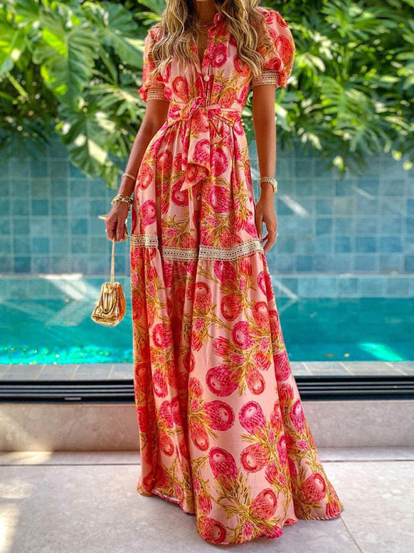 Women’s Floral Linen-Blend Bohemian Maxi Dress