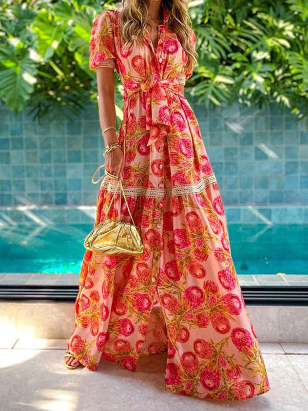Women’s Floral Linen-Blend Bohemian Maxi Dress