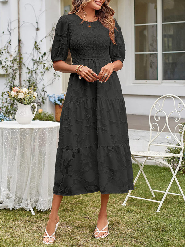 Women’s Linen-Blend Puff-Sleeve Tiered Midi Dress