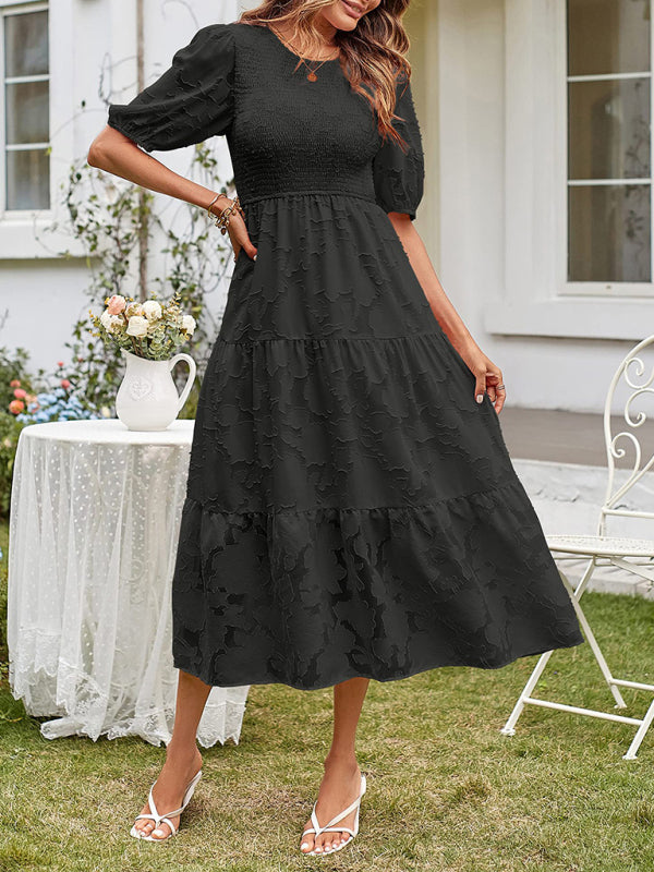 Women’s Linen-Blend Puff-Sleeve Tiered Midi Dress
