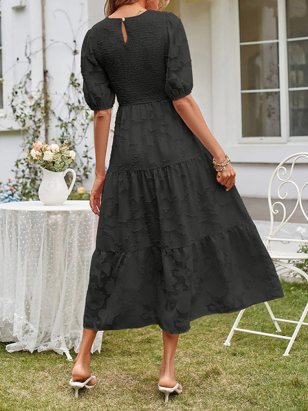 Women’s Linen-Blend Puff-Sleeve Tiered Midi Dress
