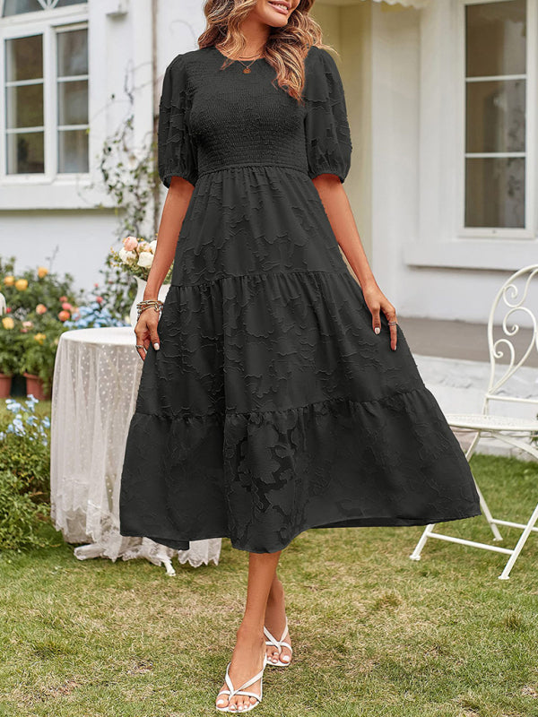 Women’s Linen-Blend Puff-Sleeve Tiered Midi Dress