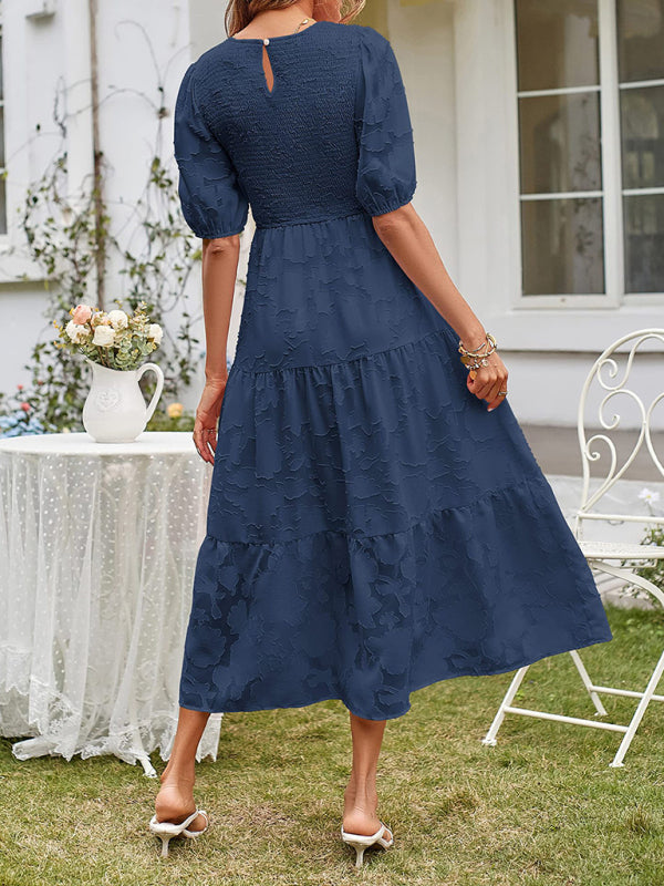 Women’s Linen-Blend Puff-Sleeve Tiered Midi Dress