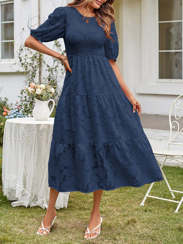 Women’s Linen-Blend Puff-Sleeve Tiered Midi Dress