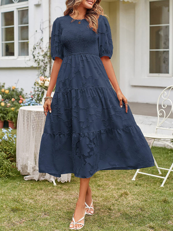 Women’s Linen-Blend Puff-Sleeve Tiered Midi Dress