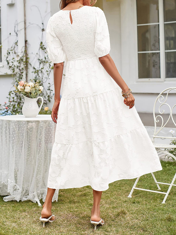 Women’s Linen-Blend Puff-Sleeve Tiered Midi Dress