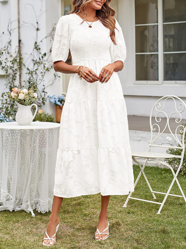 Women’s Linen-Blend Puff-Sleeve Tiered Midi Dress