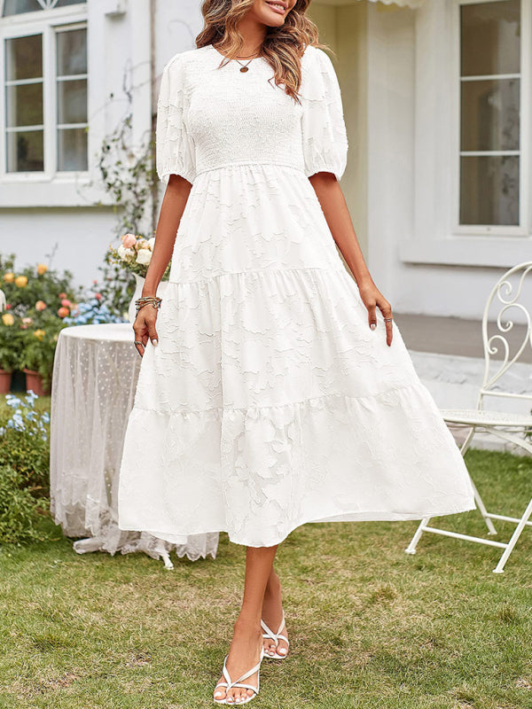 Women’s Linen-Blend Puff-Sleeve Tiered Midi Dress