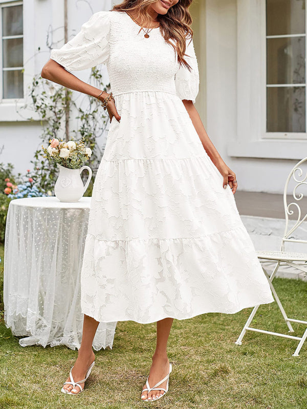 Women’s Linen-Blend Puff-Sleeve Tiered Midi Dress