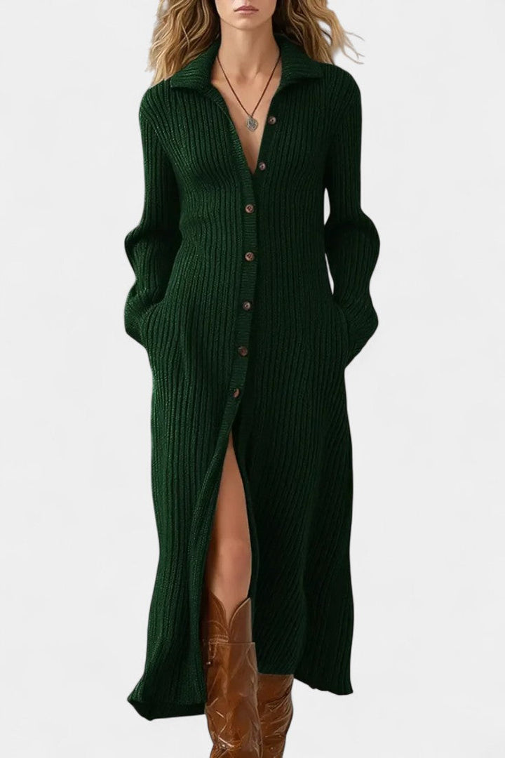 Women’s Knit Button-Front Collared Slit Maxi Dress