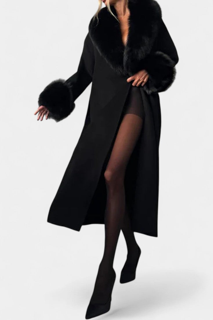 Women’s Wool-Blend Belted Long Coat with Faux Fur Collar