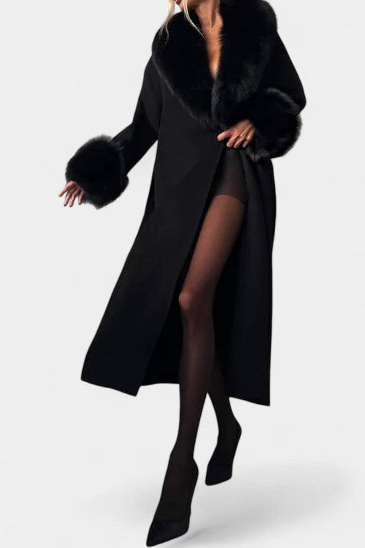 Women’s Wool-Blend Belted Long Coat with Faux Fur Collar
