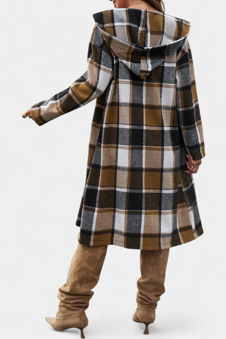 Women's Wool Plaid Long Hooded Coat Overcoat Shacket