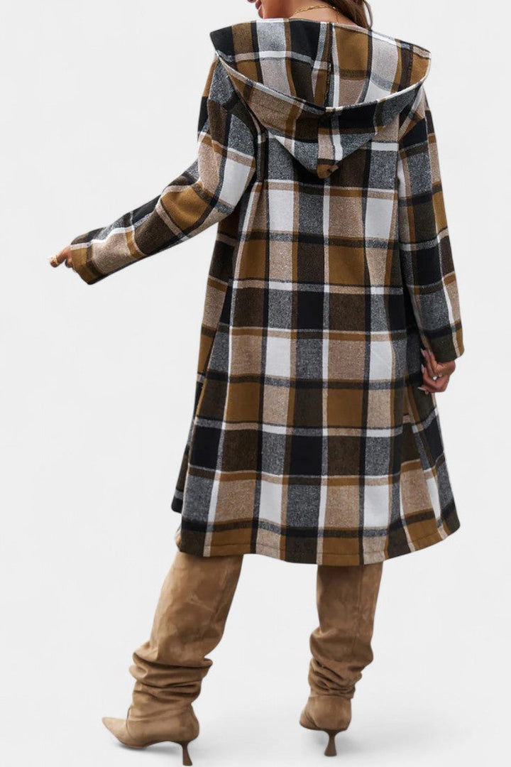 Women's Wool Plaid Long Hooded Coat Overcoat Shacket