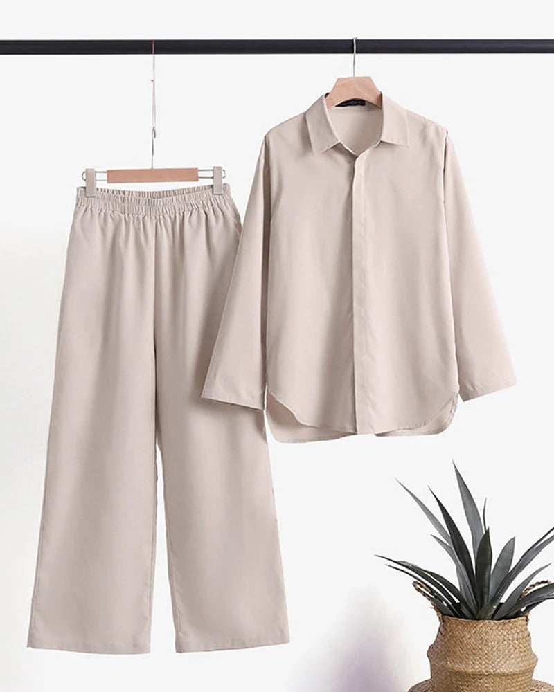 Ensemble deux pièces pour femme en lin, composé d’une chemise à manches longues et d’un pantalon
