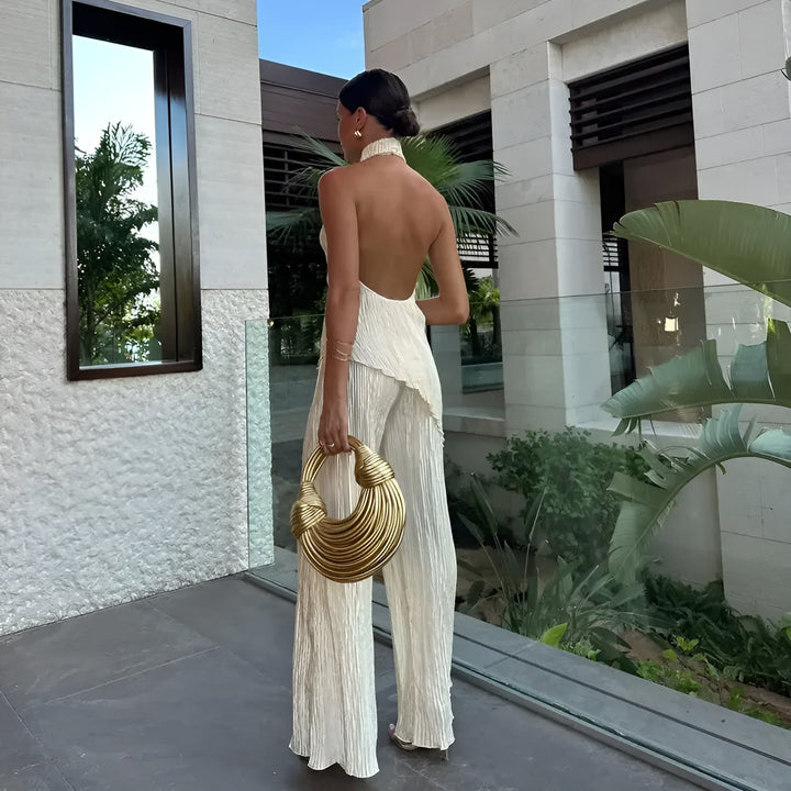 Women’s Linen Blend Halter Top & Wide-Leg Trouser Set