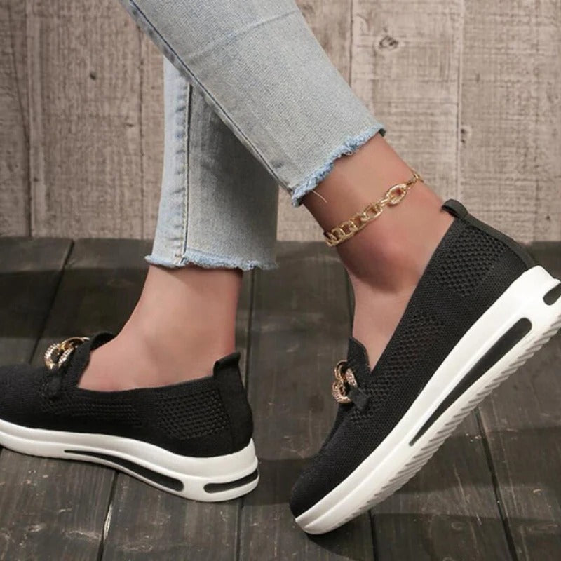 Mocassins en tricot pour femmes, à enfiler, à semelle compensée, chaussures de marche et baskets