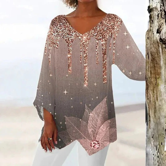 Women's V-Neck Sequin Blouse Loose Party Tunic Top