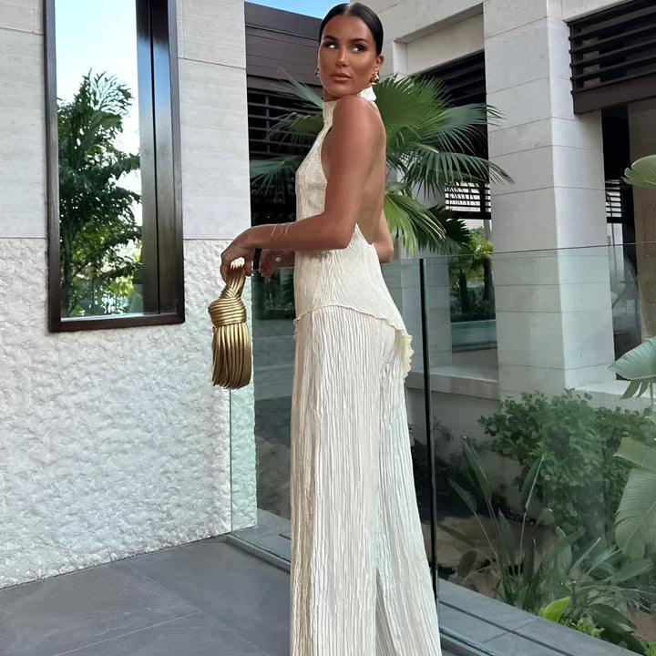 Women’s Linen Blend Halter Top & Wide-Leg Trouser Set