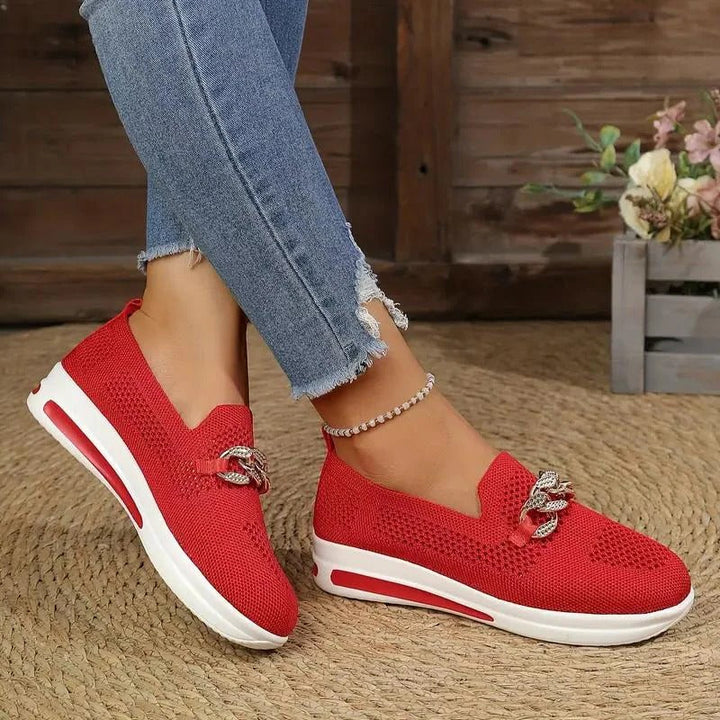 Mocassins en tricot pour femmes, à enfiler, à semelle compensée, chaussures de marche et baskets