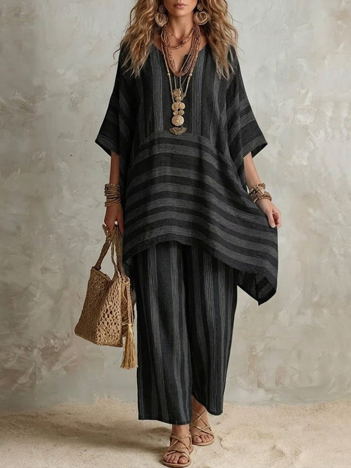 Dámská pruhovaná dvoudílná souprava z lnu v boho stylu s kalhotami