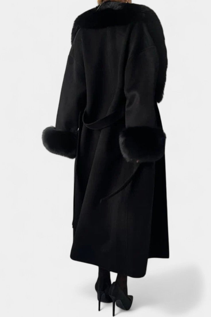 Women’s Wool-Blend Belted Long Coat with Faux Fur Collar