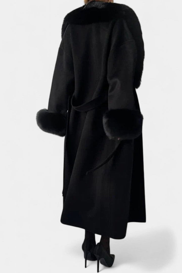 Women’s Wool-Blend Belted Long Coat with Faux Fur Collar