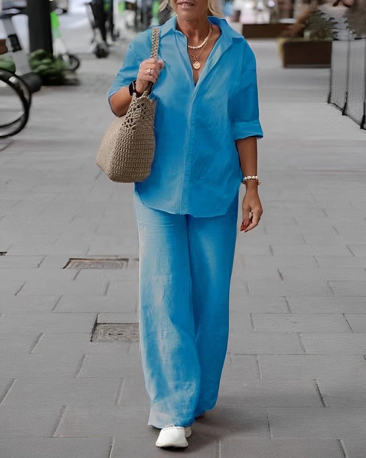 Ensemble deux pièces pour femme en lin, composé d’une chemise à manches longues et d’un pantalon