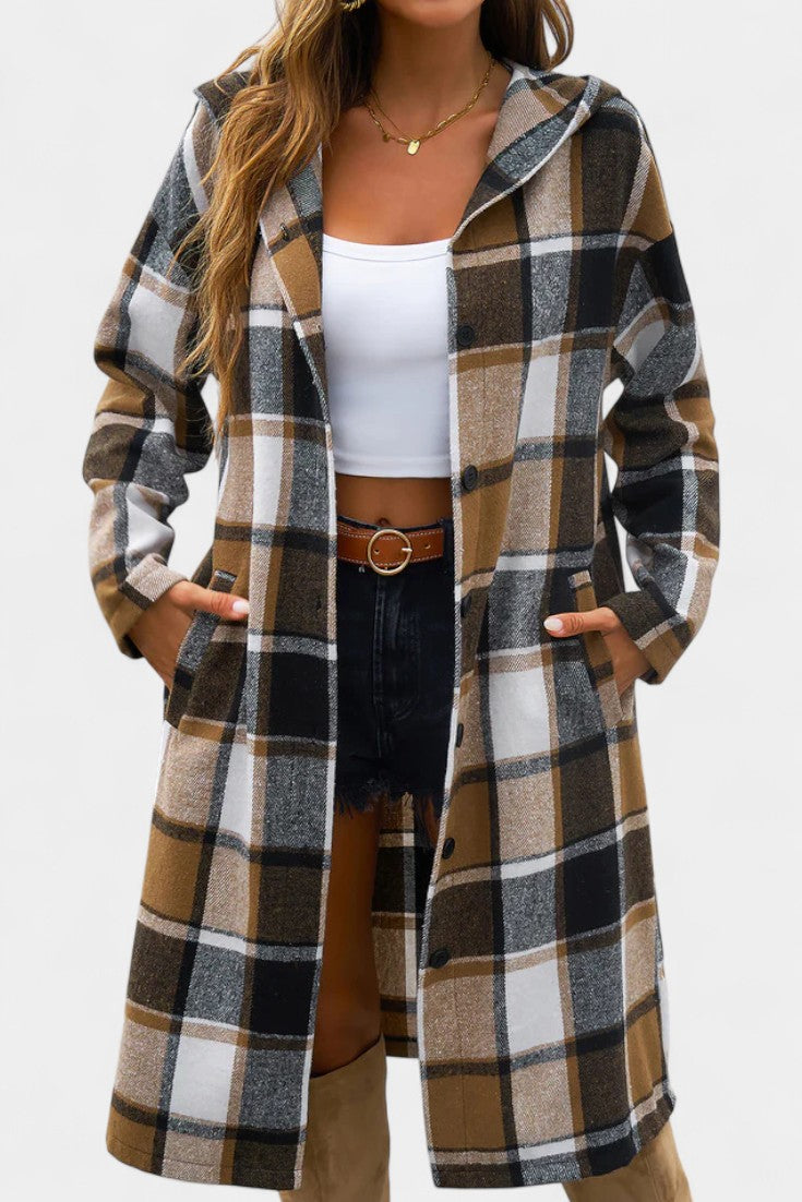 Women's Wool Plaid Long Hooded Coat Overcoat Shacket