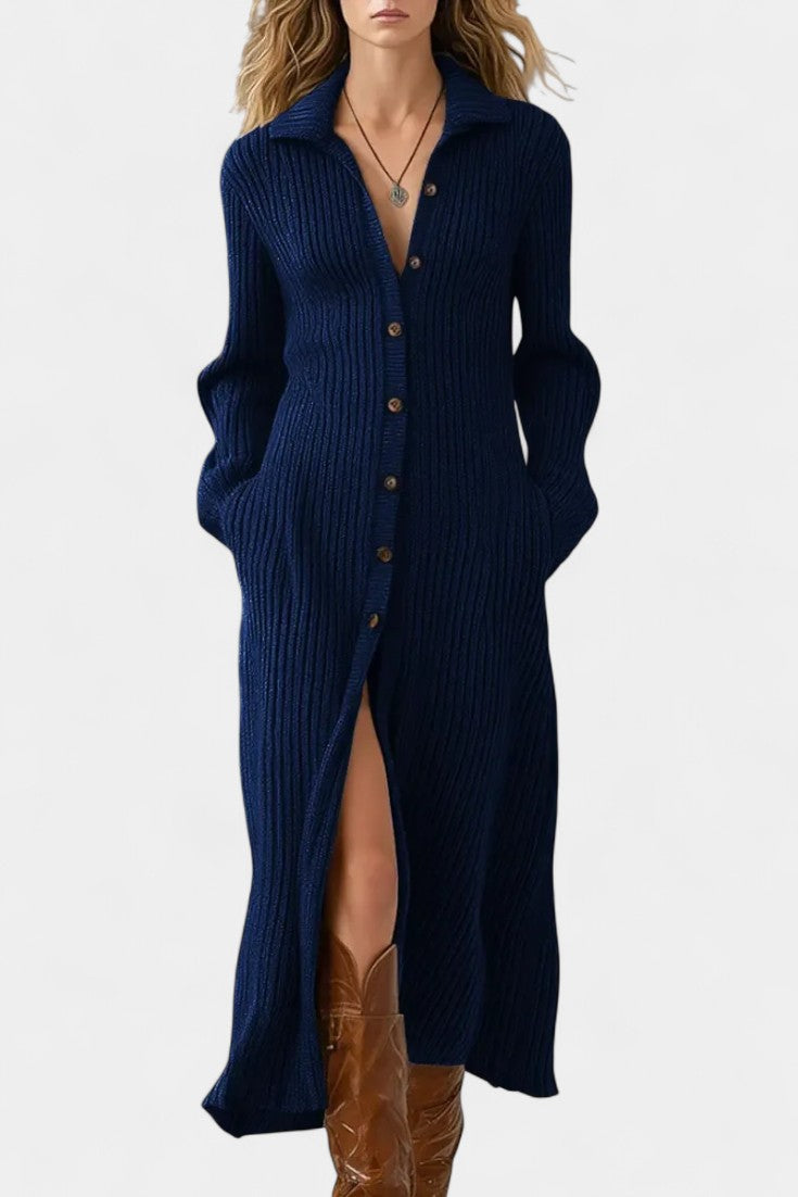 Women’s Knit Button-Front Collared Slit Maxi Dress