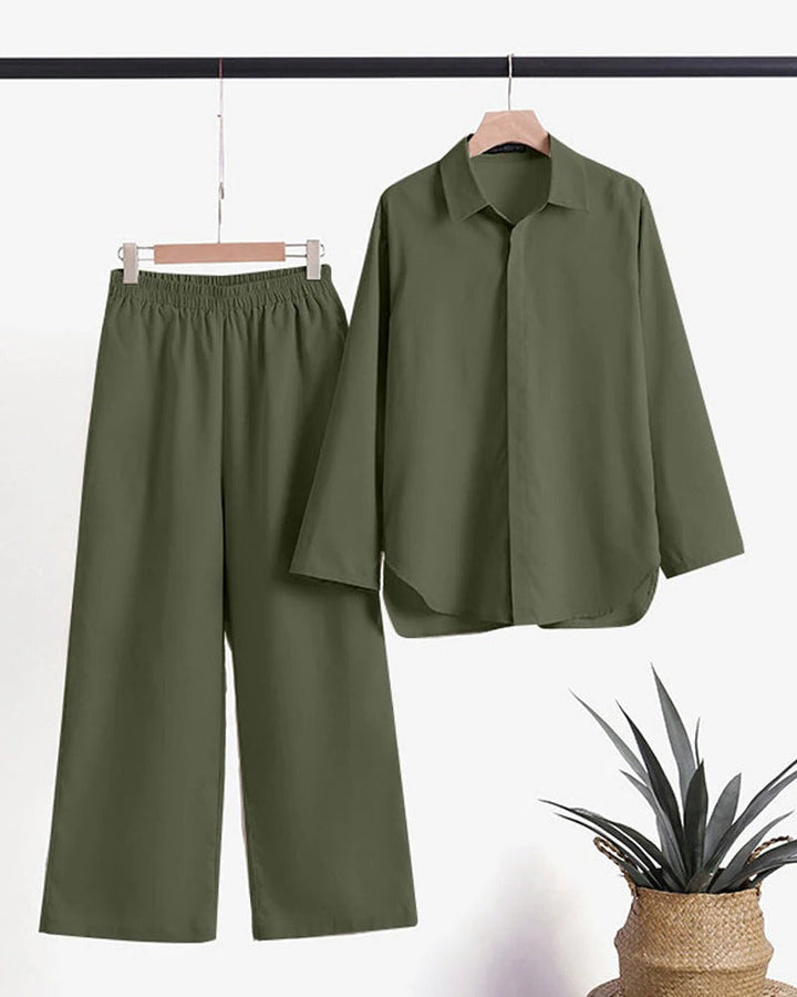 Ensemble deux pièces pour femme en lin, composé d’une chemise à manches longues et d’un pantalon