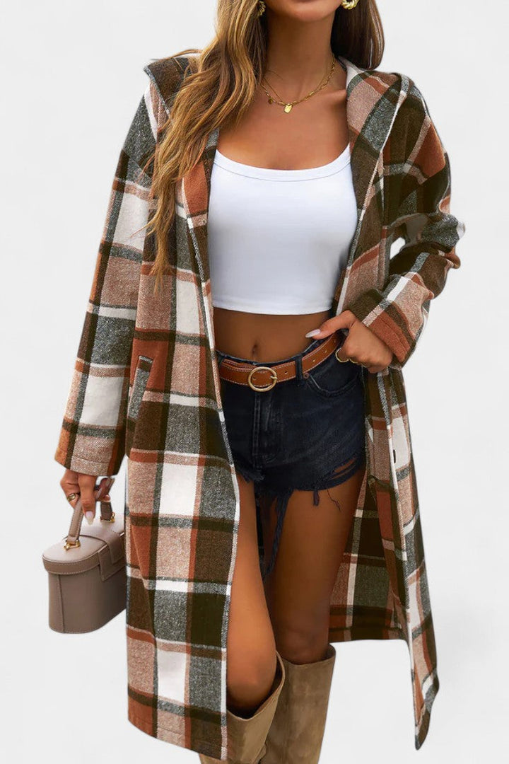 Women's Wool Plaid Long Hooded Coat Overcoat Shacket
