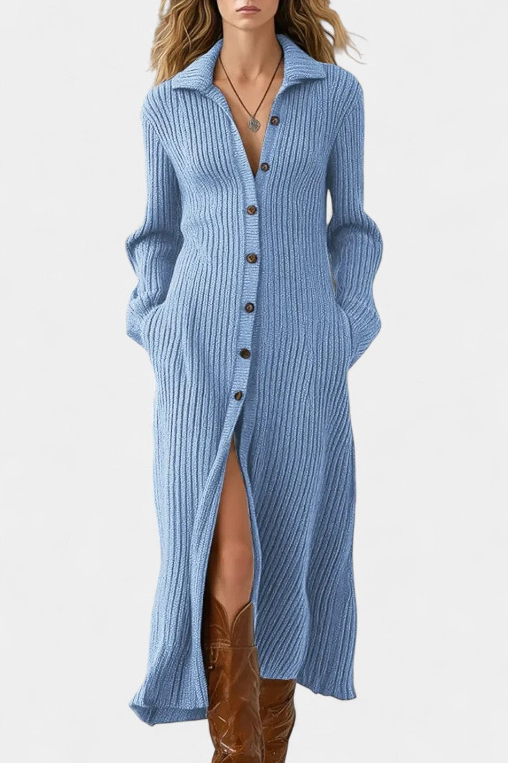 Women’s Knit Button-Front Collared Slit Maxi Dress