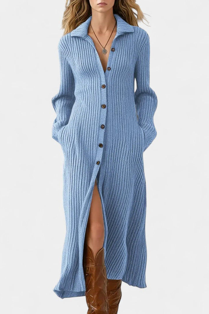 Women’s Knit Button-Front Collared Slit Maxi Dress