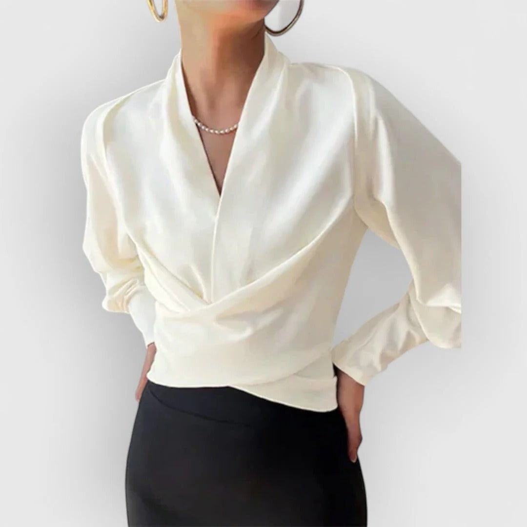 Women's Satin Blouse V Neck Long Sleeve Wrap Top