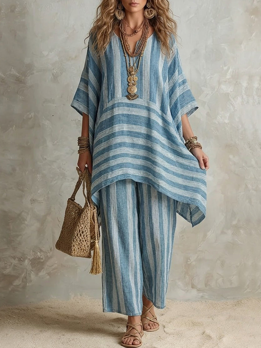 Dámská pruhovaná dvoudílná souprava z lnu v boho stylu s kalhotami