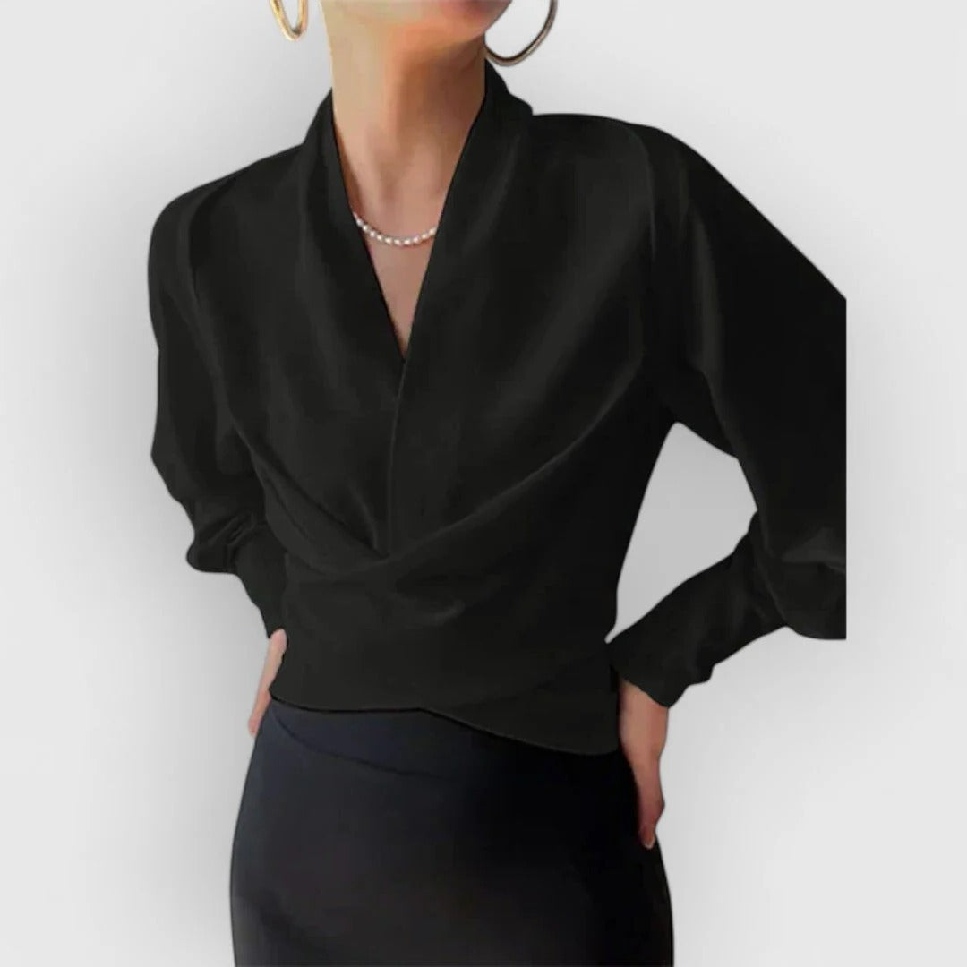 Women's Satin Blouse V Neck Long Sleeve Wrap Top
