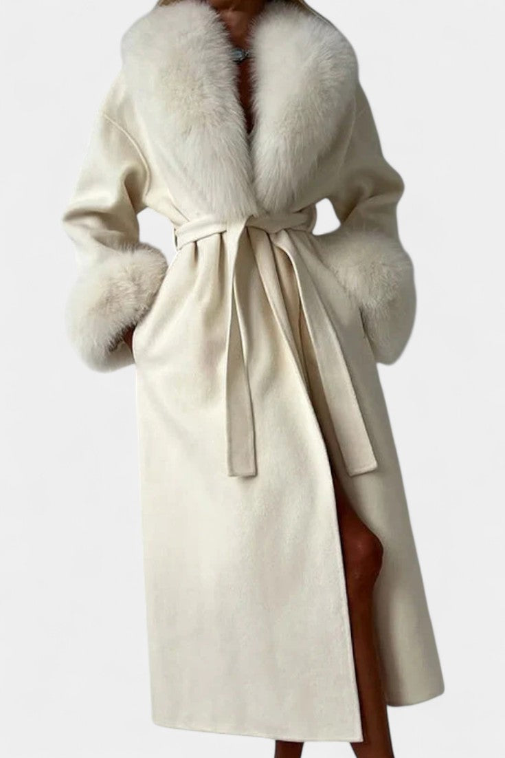 Women’s Wool-Blend Belted Long Coat with Faux Fur Collar