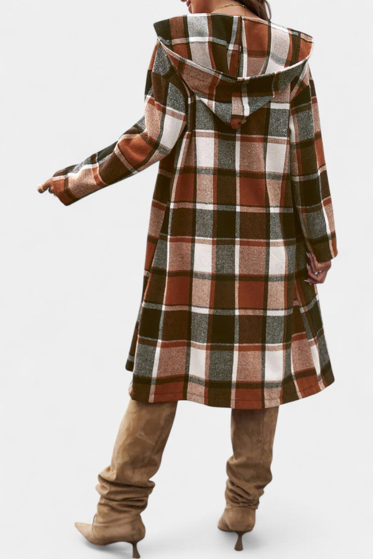 Women's Wool Plaid Long Hooded Coat Overcoat Shacket