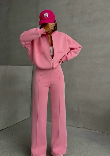 Ensemble deux pièces pour femme comprenant un blouson bomber entièrement zippé en mélange de rayonne et un pantalon à cordon de serrage