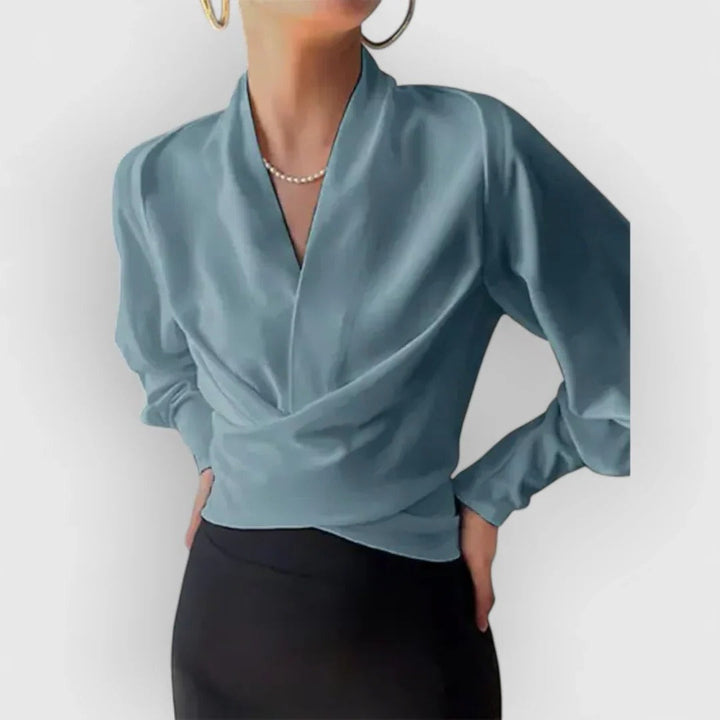 Women's Satin Blouse V Neck Long Sleeve Wrap Top