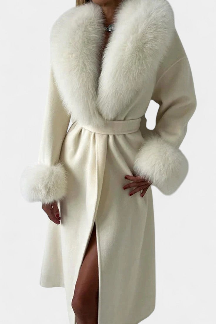 Women’s Wool-Blend Belted Long Coat with Faux Fur Collar