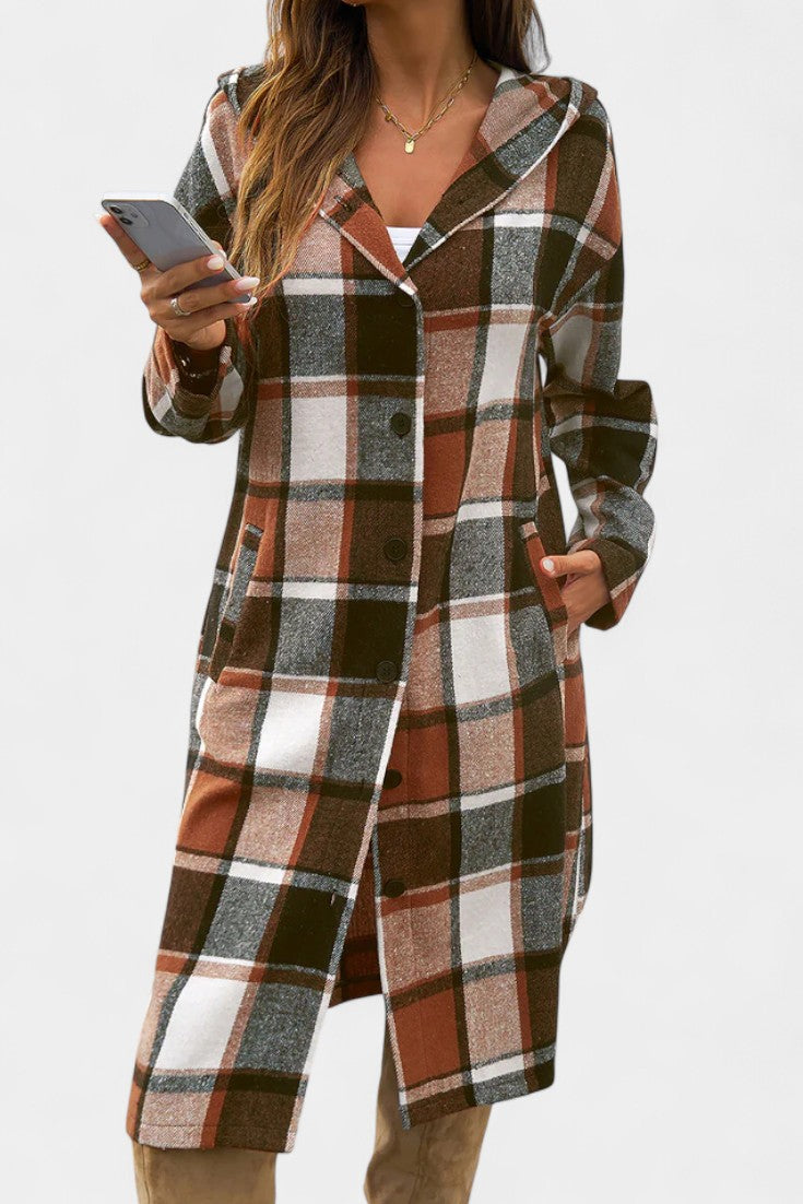 Women's Wool Plaid Long Hooded Coat Overcoat Shacket