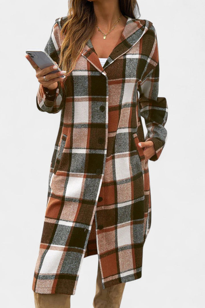 Women's Wool Plaid Long Hooded Coat Overcoat Shacket